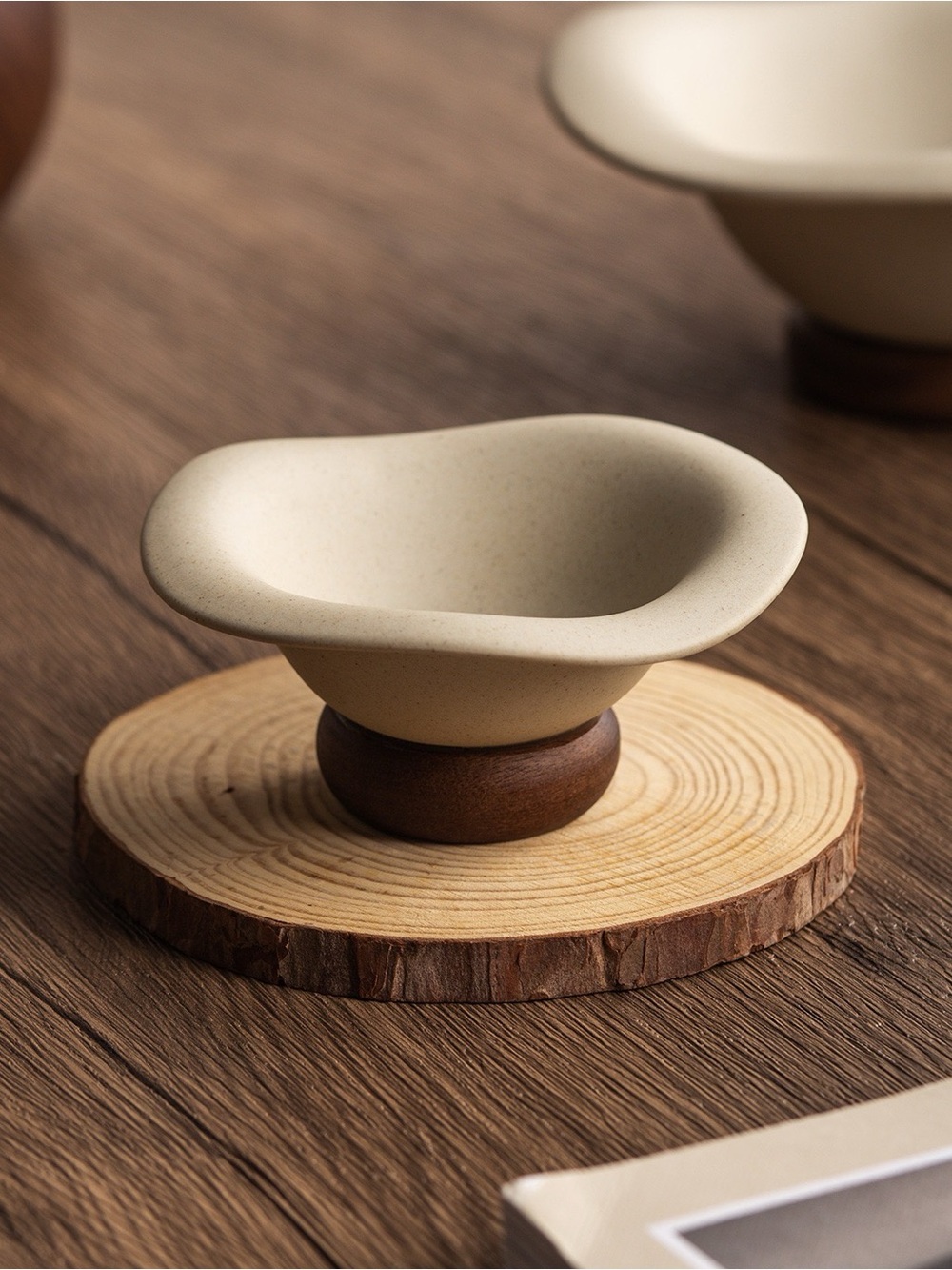 Neutral Cream Ceramic Sauce Bowl with Wood Pedestal - Minimal Serveware